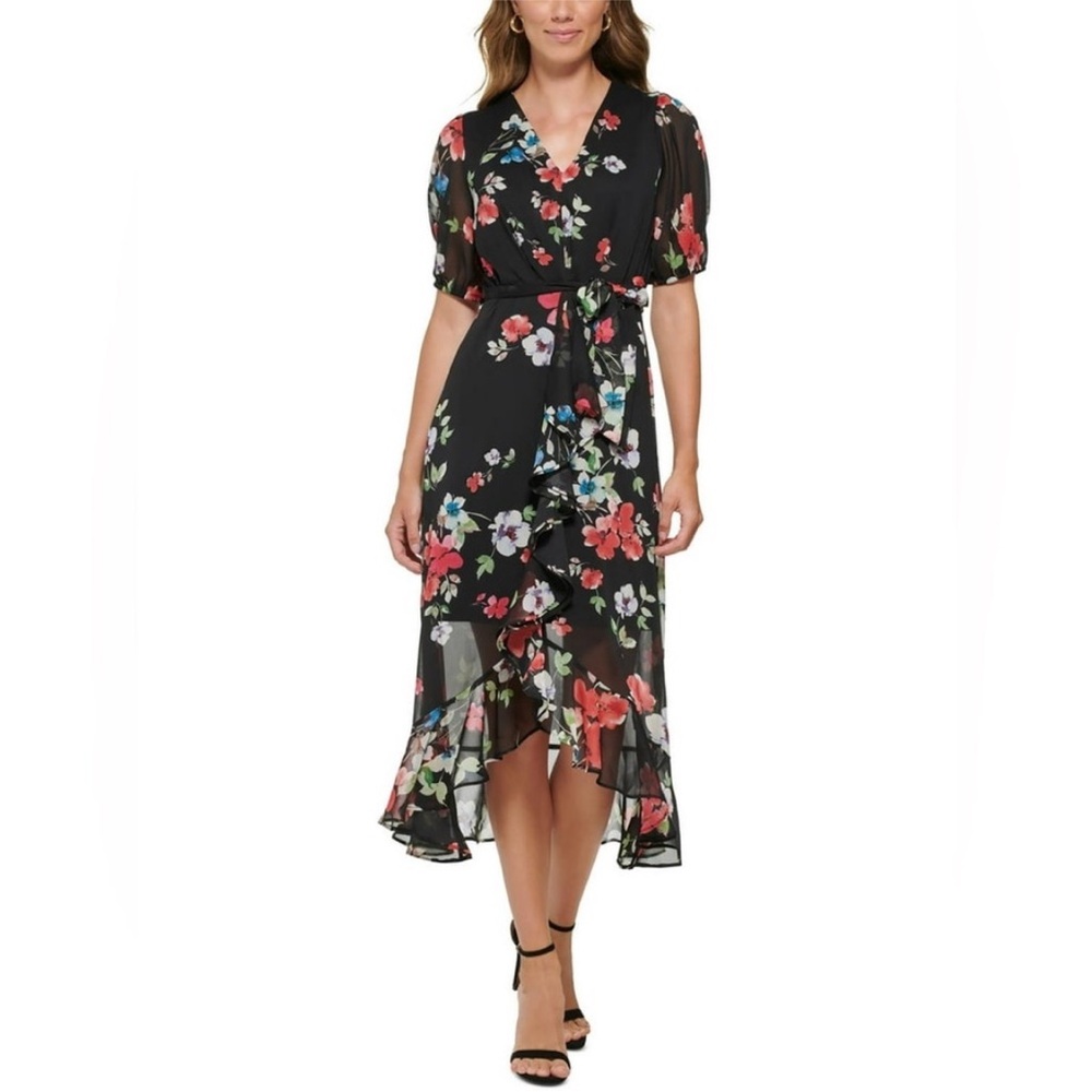 DKNY Women's Black
Floral-Print Ruffled Hem Puff Sleeve Midi
Dress Size 14W NWT